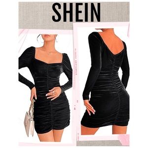 NEW SHEIN Dress Black Dress Sweetheart Neck Ruched Velvet Dress Size L